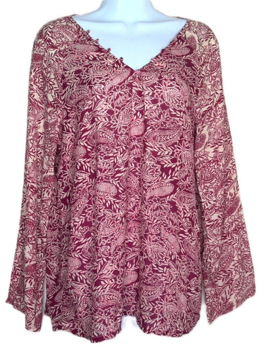 Lucky Brand Paisley Floral Top Boho Lightweight Indie Burgundy & Cream Flowy S